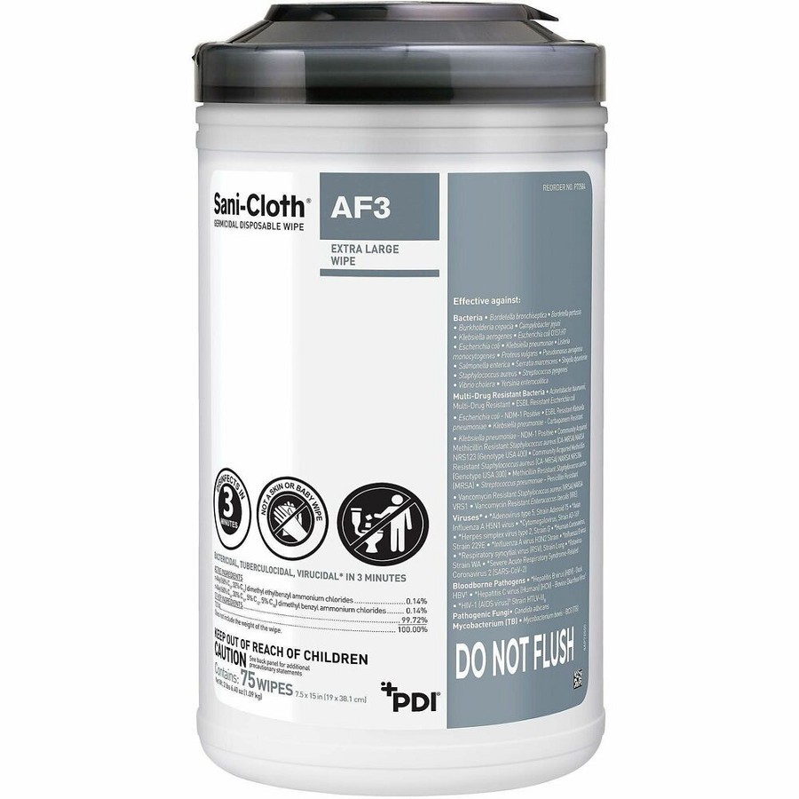 PDI Sani-Cloth AF3 Germicidal Wipes - For Nonporous Surface, Hard Surface, Equipment - Ready-To-Use - Wipe - 15' Length x 7.50' Width - Recommended For: Germs Remover - Kill Germs, Disposable, Alcohol-free, Fragrance-free - Gray - 75 Wipes/Can - 6 / Carto 