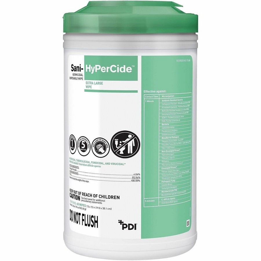 PDI Sani-HyPerCide Germicidal Disposable Wipes - For Patient, Healthcare, Equipment, Nonporous Surface - Ready-To-Use - 6.75' Length x 6' Width - Disposable, Unbleached, Disinfectant - Green - 160 Wipes/Canister - 12 / Carton 