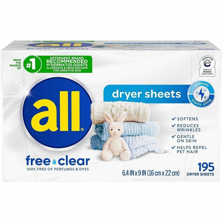 all Free clear Dryer Sheets - For Fabric - Skin-friendly, Residue-free, Hypoallergenic, Unscented - White - 195 Sheets 