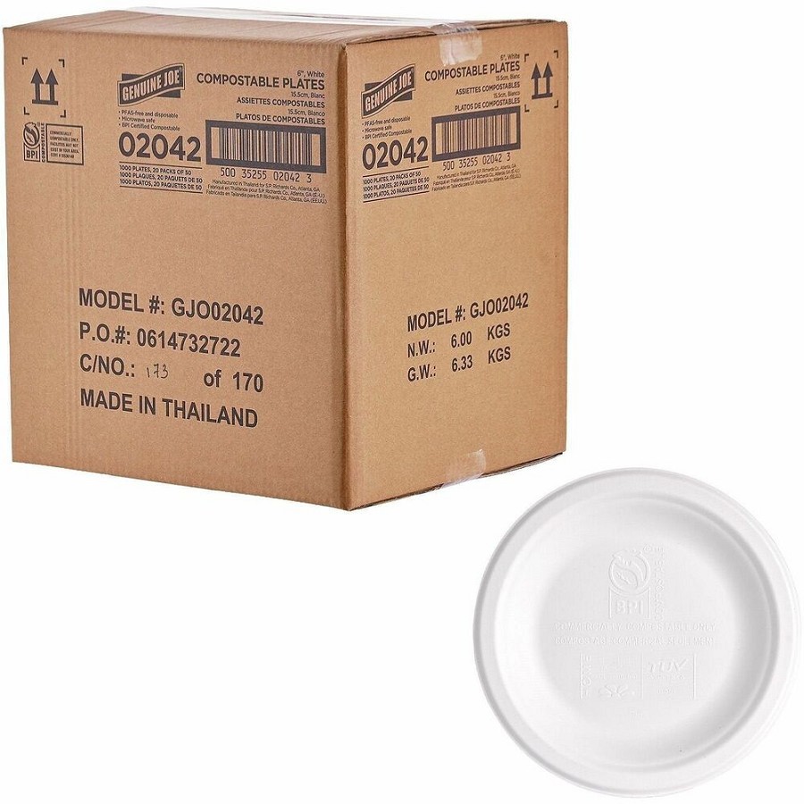 Genuine Joe BPI Certified Compostable Paper Plate - Breakroom, Food - Disposable - Microwave Safe - 6' Diameter - White - Sugarcane, Paper Body - 1 Carton 
