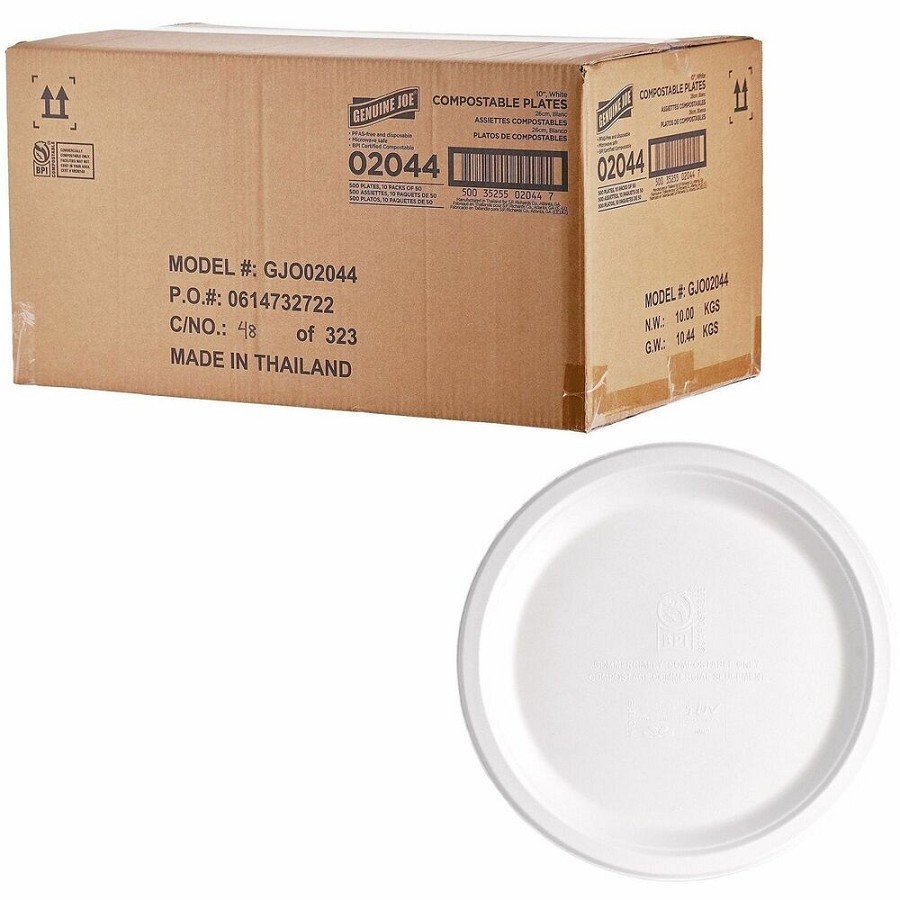 Genuine Joe BPI Certified Compostable Paper Plate - Breakroom, Food - Disposable - Microwave Safe - 10' Diameter - White - Sugarcane, Paper Body - 1 Carton 