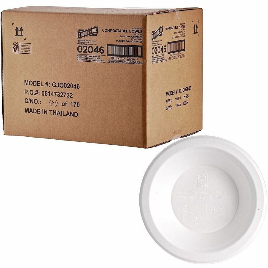 Genuine Joe BPI Certified Compostable Paper Bowl - Breakroom, Food - Disposable - Microwave Safe - White - Sugarcane, Paper Body - 1 Carton 