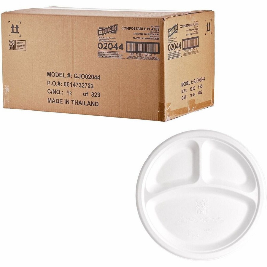Genuine Joe BPI Certified Compostable Paper Plate - Breakroom, Food - Disposable - Microwave Safe - 10' Diameter - White - Sugarcane, Paper Body - 1 Carton 