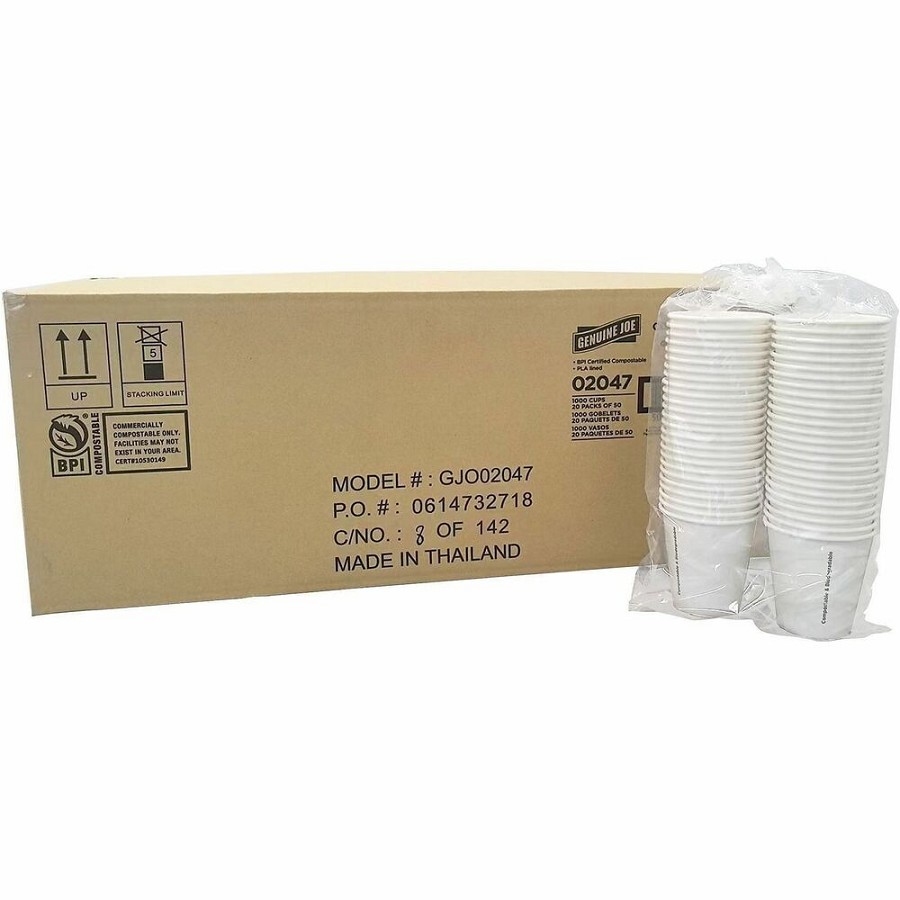 Genuine Joe BPI Certified Compostable Paper Cups - 10 fl oz - Leak Proof Closure - White - Paper, Polylactic Acid (PLA) - Cold, Beverage, Breakroom 