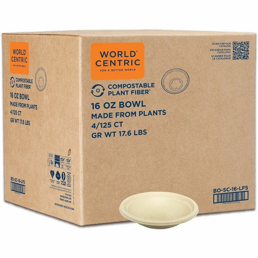 World Centric Compostable Fiber Bowl - Food, Soup, Ice Cream - Natural - Fiber Body - 125/Pack - 4 / Carton 