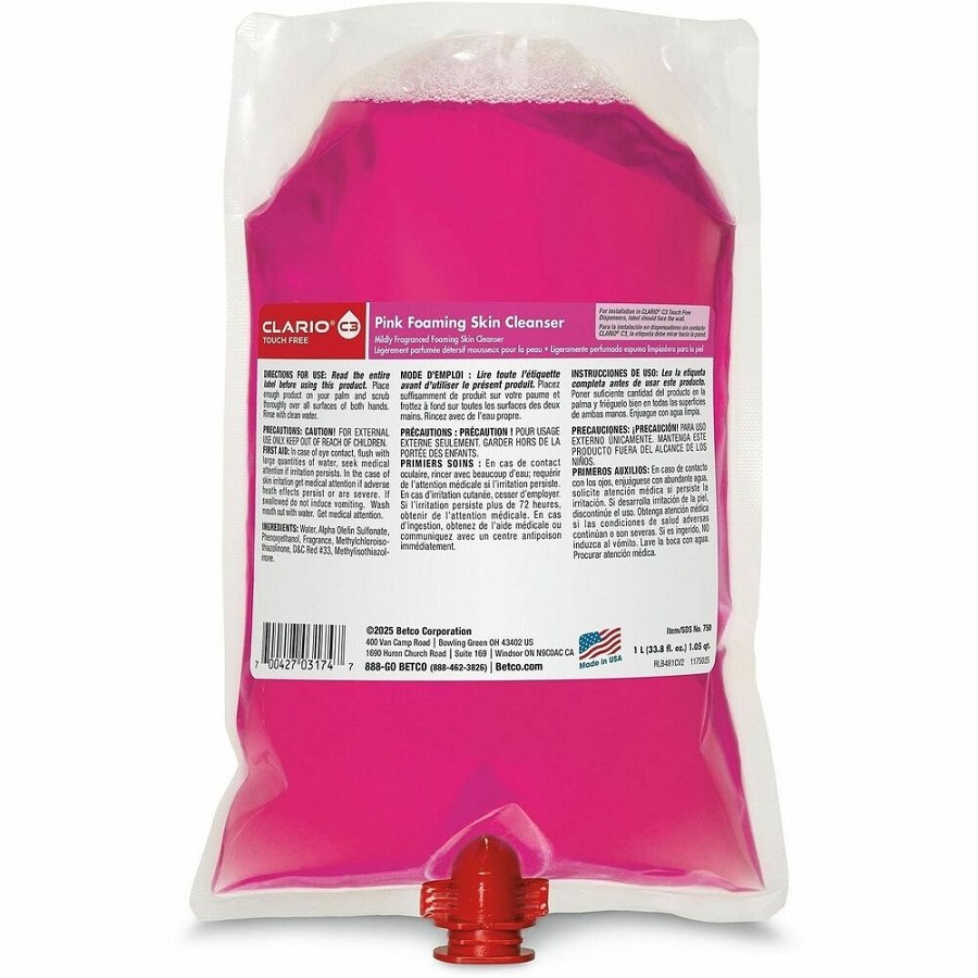 Betco Pink Foaming Skin Cleanser - Neutral Scent - 1.06 quart - Touchless Dispenser - Hand, Skin - Moisturizing - Pink - pH Balanced, Non-irritating - 6 / Carton 