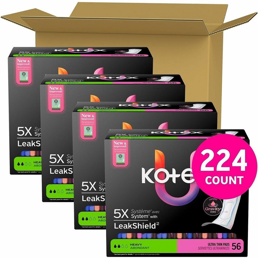 U by Kotex Ultra-Thin Period Pads - Heavy - Absorbent, Anti-leak, Hypoallergenic, Chlorine-free, Comfortable - 56/Box - 3 / Carton 