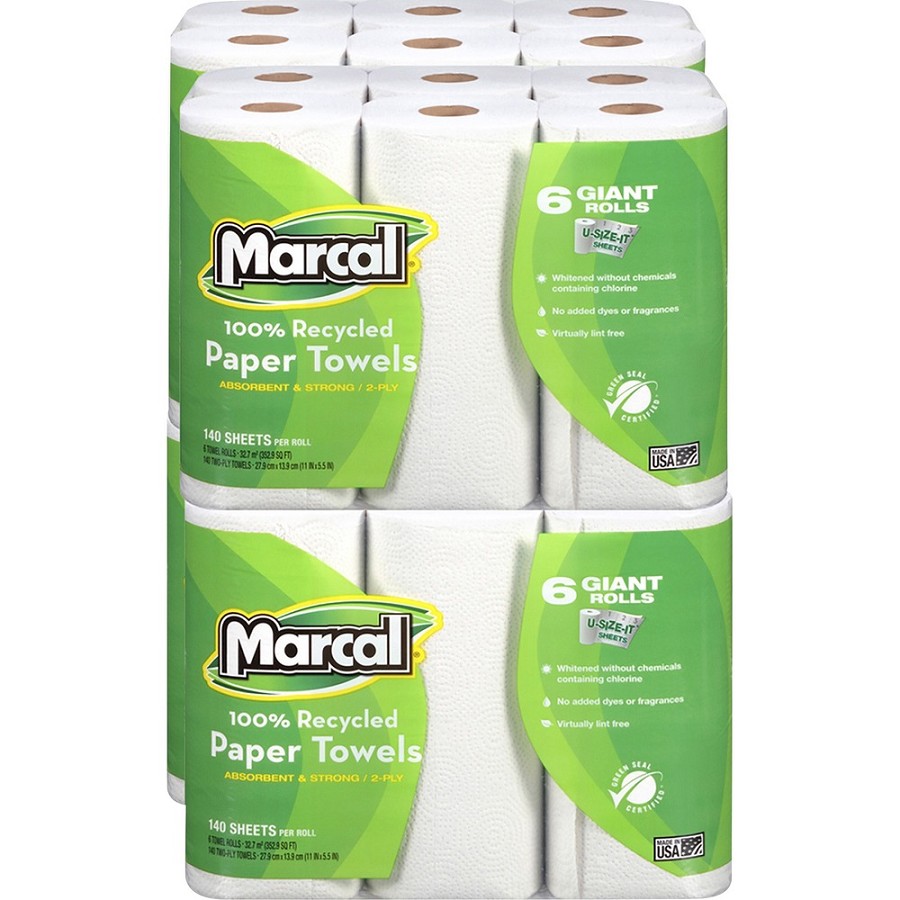 Marcal 100% Recycled, Giant Roll Paper Towels - 2 Ply - 140 Sheets/Roll - WhitePack - 6/Pack - 4 / Carton 