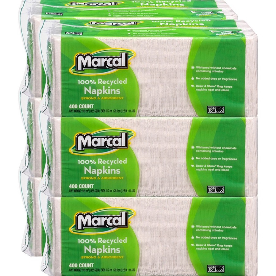 Marcal 100% Recycled Luncheon Napkins - 1 Ply - 12.50' Width x 11.40' Length - White - Paper - 400/Pack - 6 / Carton 