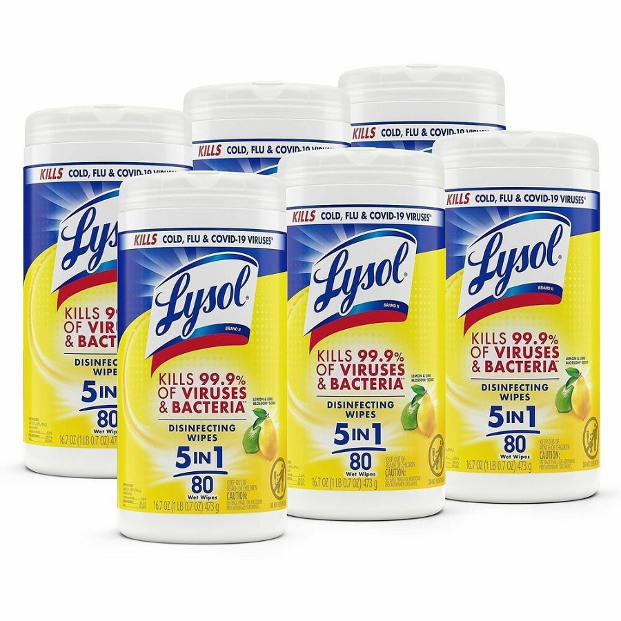 Lysol Disinfecting Wipes - Ready-To-Use - Lemon, Lime Blossom Scent - 7' Length x 7.25' Width - Bleach-free, Antibacterial, Disinfectant, Pre-moistened - White - 80/Tub - 6 / Carton 