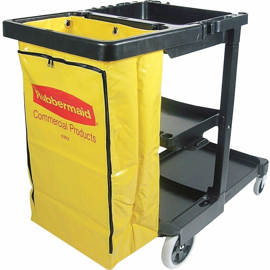Rubbermaid Commercial Janitor Cart With Zipper Yellow Vinyl Bag - 3 Shelf - 4' , 8' Caster Size - 21.75' Width x 46' Depth x 38.38' Height - Black - 1 Each 