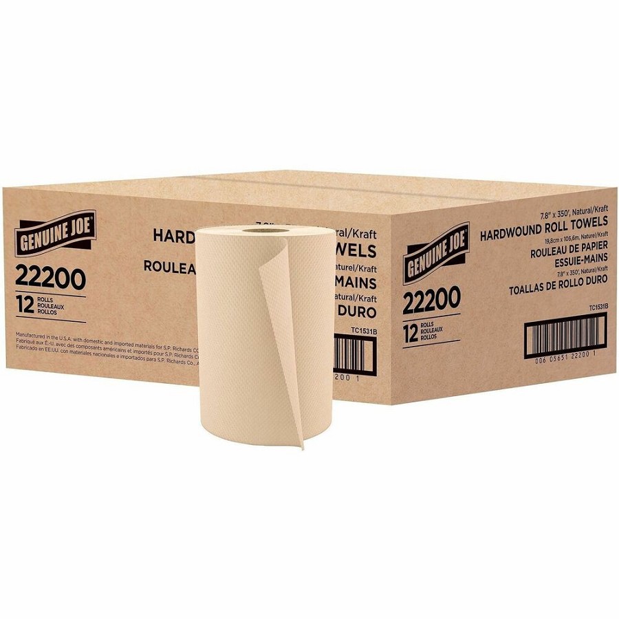 Genuine Joe Embossed Hardwound Roll Towels - 7.87' Width x 350 ft Length - 2' Core - Natural - 12 / Carton 