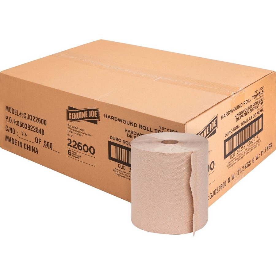 Genuine Joe Embossed Hardwound Roll Towels - 7.90' Width x 800 ft Length - 2' Core - Natural - 6 / Carton 