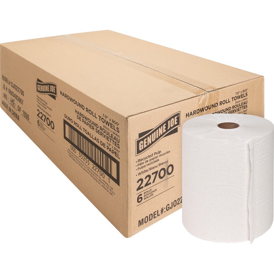 Genuine Joe Hardwound Roll Paper Towels - 7.90' Width x 800 ft Length - 2' Core - White - 6 / Carton 