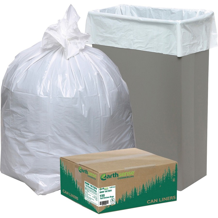 Earthsense Heavy-Duty Reclaim Recycled White Can Liners - Small Size - 13 gal Capacity - 33' Length x 24' Width x 0.87 mil (22 Micron) Thickness - Low Density - White - Plastic - Recycled - 1 Carton 